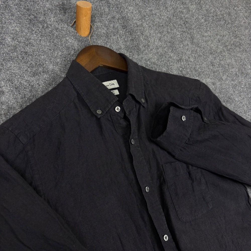 Massimo Dutti Mens Black 100% Linen Button Down Long Sleeve Shirt Pocket XL